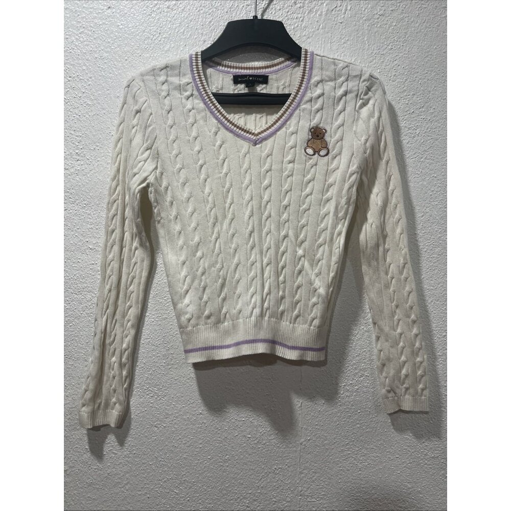 Social Scene Sweater Womens Small  V‎ Neck  Cable Knit Tennis Cricket Preppy